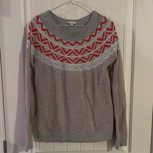 Gray and Red Crew Neck Sweater with Nordic Pattern